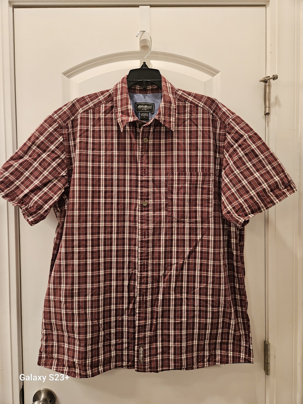 Eddie Bauer Men's Short-Sleeve Red Plaid Button-Down Shirt